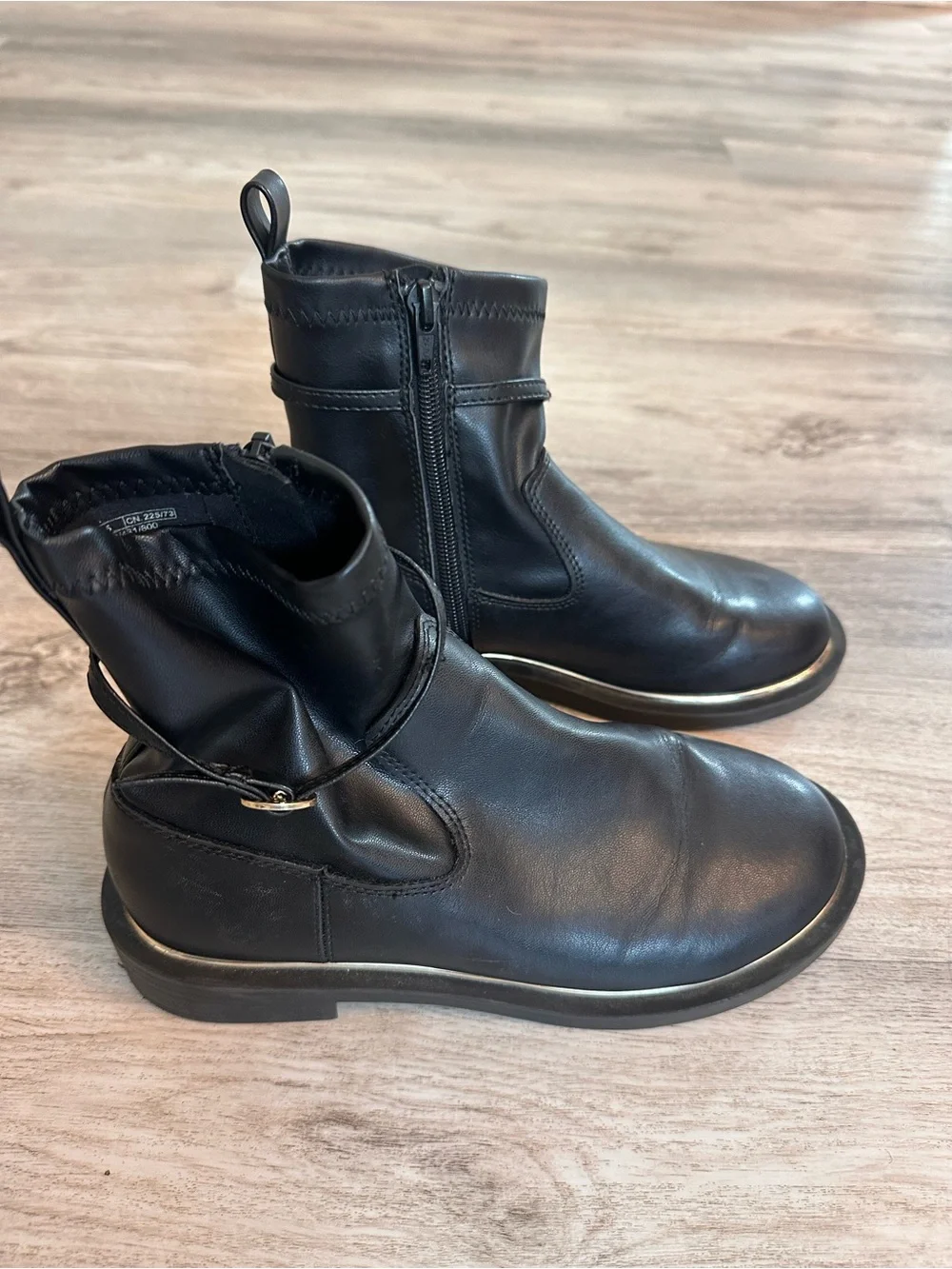 Zara Black Ankle Boots Size 35 Buckle Strap Gold Trim Moto Booties - Picture 5 of 12